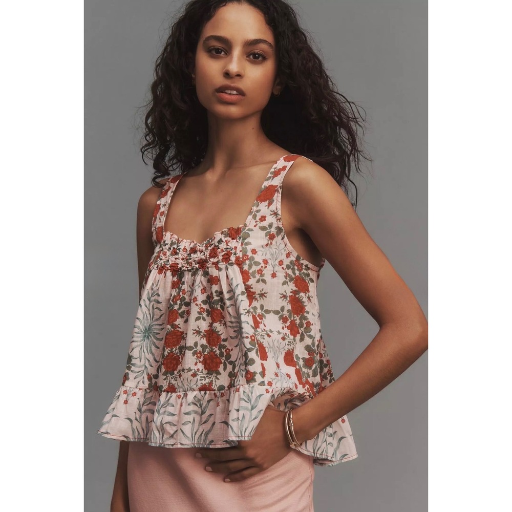 Maeve Anthropologie Pink Red Floral Smocked Peplum Tank Top Womens L